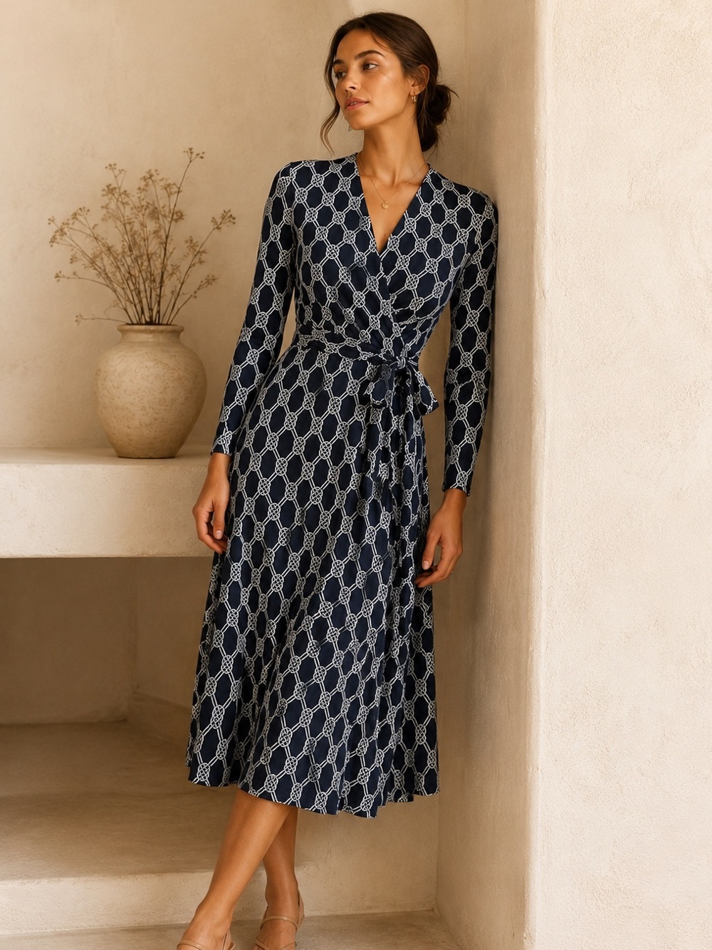 Jones New York Signature Navy Chain Print Faux Wrap Dress | Size Small
